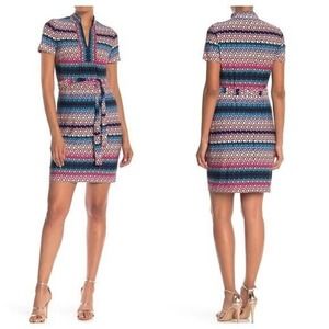Trina Turk Joni Colorful Geometric Print Tie Waist Shift Shirt Dress Size M